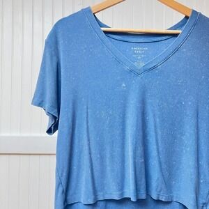 American Eagle Top‎ Blue Ribbed Preppy Beachy Summer V-Neck Short Sleeve Women S